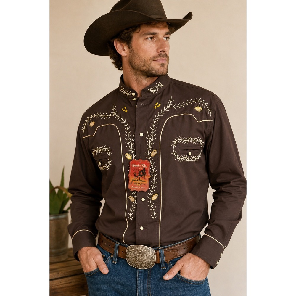West Tex Nacional Outfitters Mens Brown Embroidered Western Vaquero Shirt NWT L